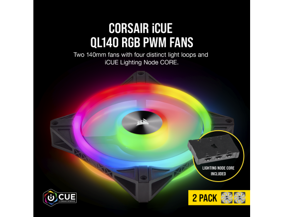 Corsair iCUE QL140 RGB 140mm PWM Dual Fan Kit with Lighting Node pro