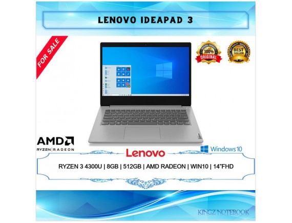 Lenovo Ideapad IP 3 AMD Ryzen 3 4300U, 8 GB Ram, 512 GB SSD, No DVD, Windows 10 Home, Platinum Grey 14' FHD IPS